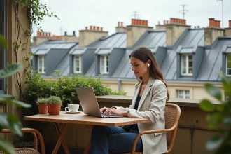 Femme en télétravail sur une terrasse parisienne avec bureau en bois et vue sur les toits haussmanniens