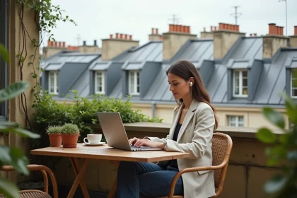 Femme en télétravail sur une terrasse parisienne avec bureau en bois et vue sur les toits haussmanniens