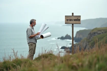 Homme examinant des plans architecturaux sur un terrain en bord de mer à vendre pour un projet locatif