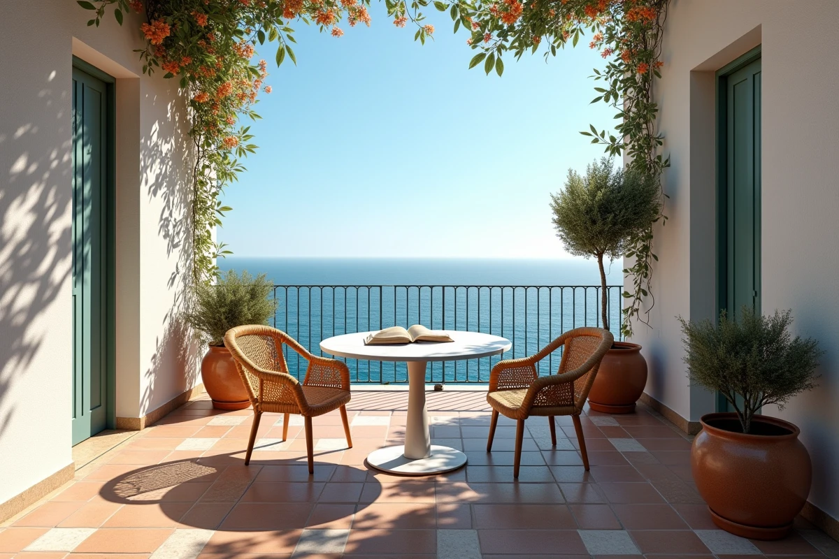 Terrasse d'appartement à louer à Barcelone avec table en marbre, vue panoramique sur la mer et décoration méditerranéenne