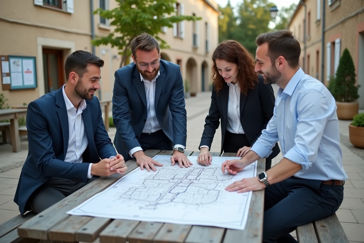 Groupe d'urbanistes analysant un plan cadastral devant une mairie en pierre dans un village rural français