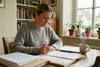 Femme consultant des documents immobiliers pour vente de maison urgente suite à divorce en Moselle