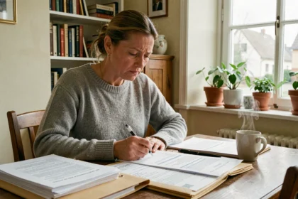 Femme consultant des documents immobiliers pour vente de maison urgente suite à divorce en Moselle