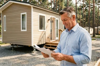 Propriétaire vendant son mobil-home rapidement en signant des documents devant la façade de son mobile home dans un parc résidentiel