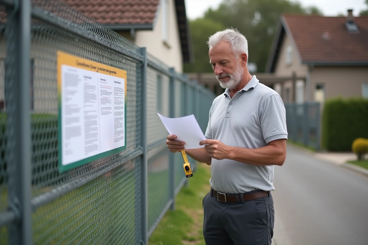 Propriétaire vérifiant l'affichage réglementaire d'un panneau de déclaration préalable de travaux en zone pavillonnaire