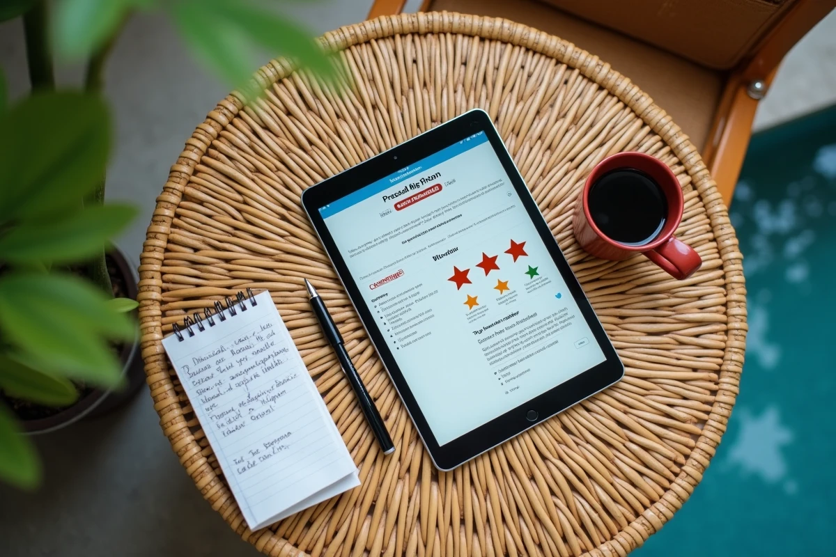Smartphone et tablette affichant des plateformes d'avis de location de villas à Saint-Barthélemy avec notes manuscrites pour détecter les fausses annonces