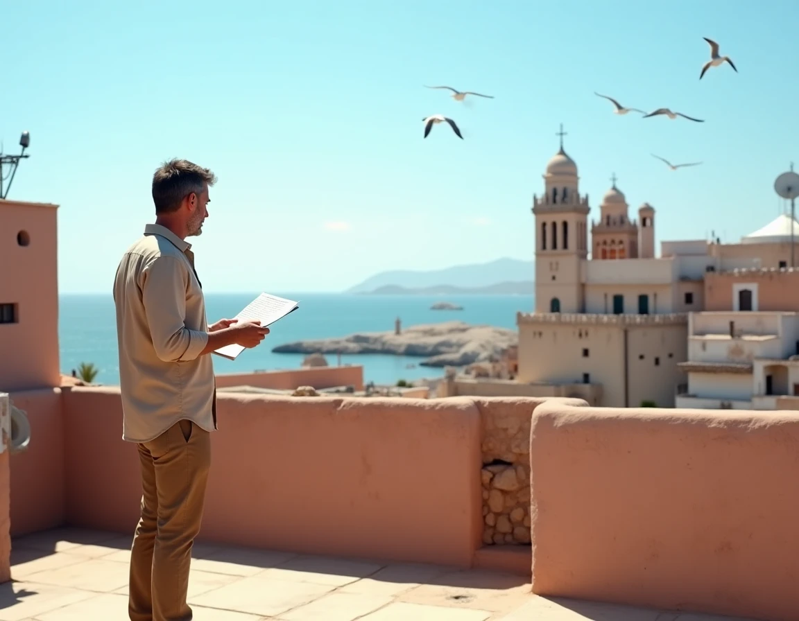 Futur locataire vérifiant l'état des équipements sur une terrasse avec vue sur la médina d'Essaouira lors d'une visite immobilière